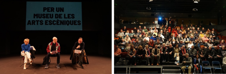 Sol Picó, Cesc Gelabert y Àlex Ollé, durante el acto (izquierda), y el centenar de profesionales del sector escénico que han asistido al Teatro Estudio para apoyar el Manifiesto (derecha)