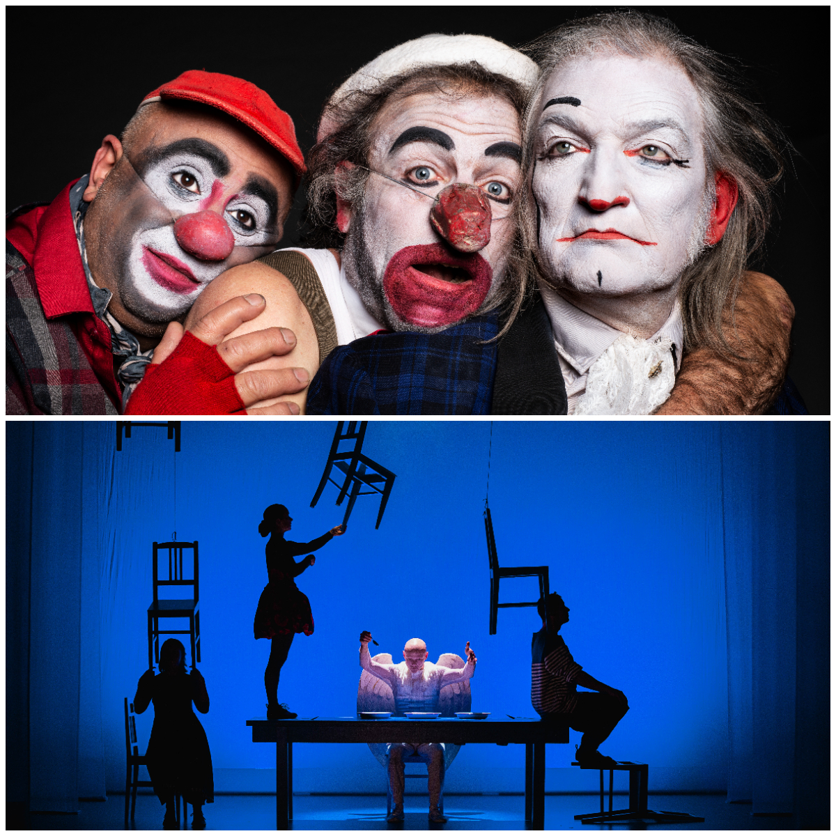 Arriba, imagen de 3clowns. Abajo imagen de To je andělení! (¡Vaya angelitos!)